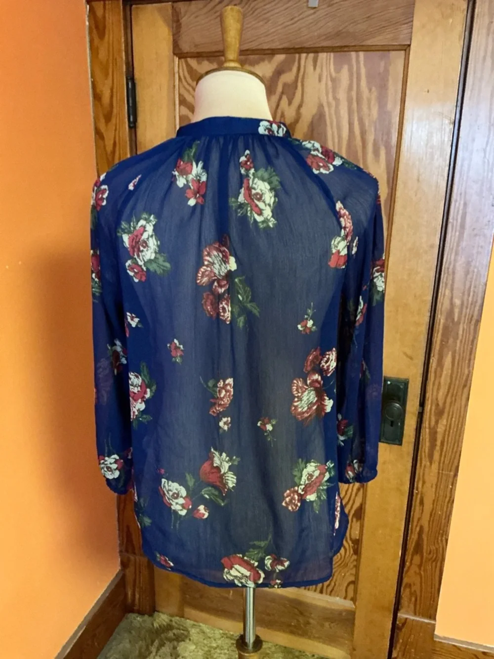 Lucky Brand Navy Floral Boho Blouse Tassel Tie Neck Sheer Peasant Top XS - Picture 10 of 10